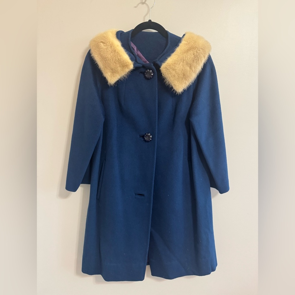 Vintage Kilgarnock Blue Wool Coat Genuine Fur Collar Mid Century‎